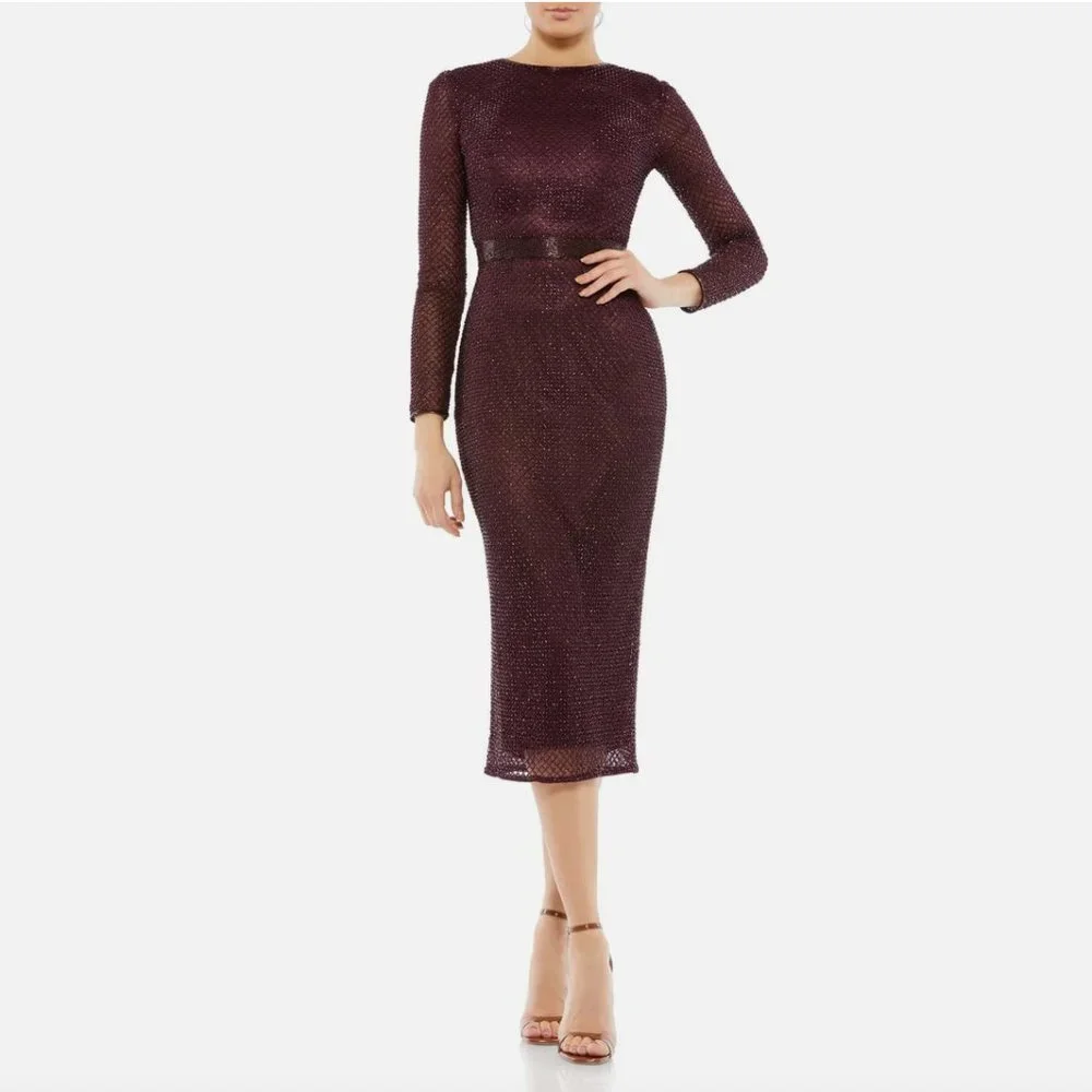 NEW $398 Mac Duggal [ 10‎ ] Bugle Beaded Long Sleeve Midi Dress Abergine #Q487 - Picture 14 of 15